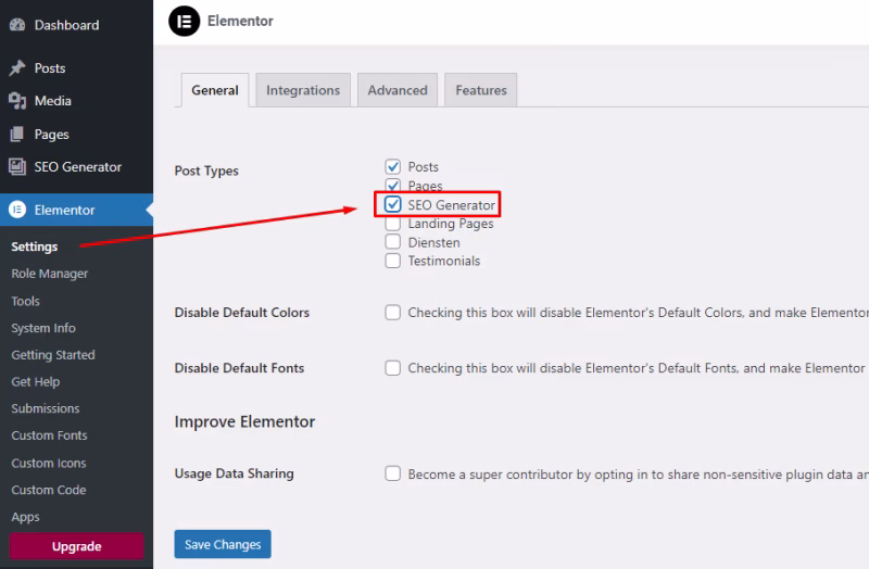 SEO Generator post type in Elementor > Settings